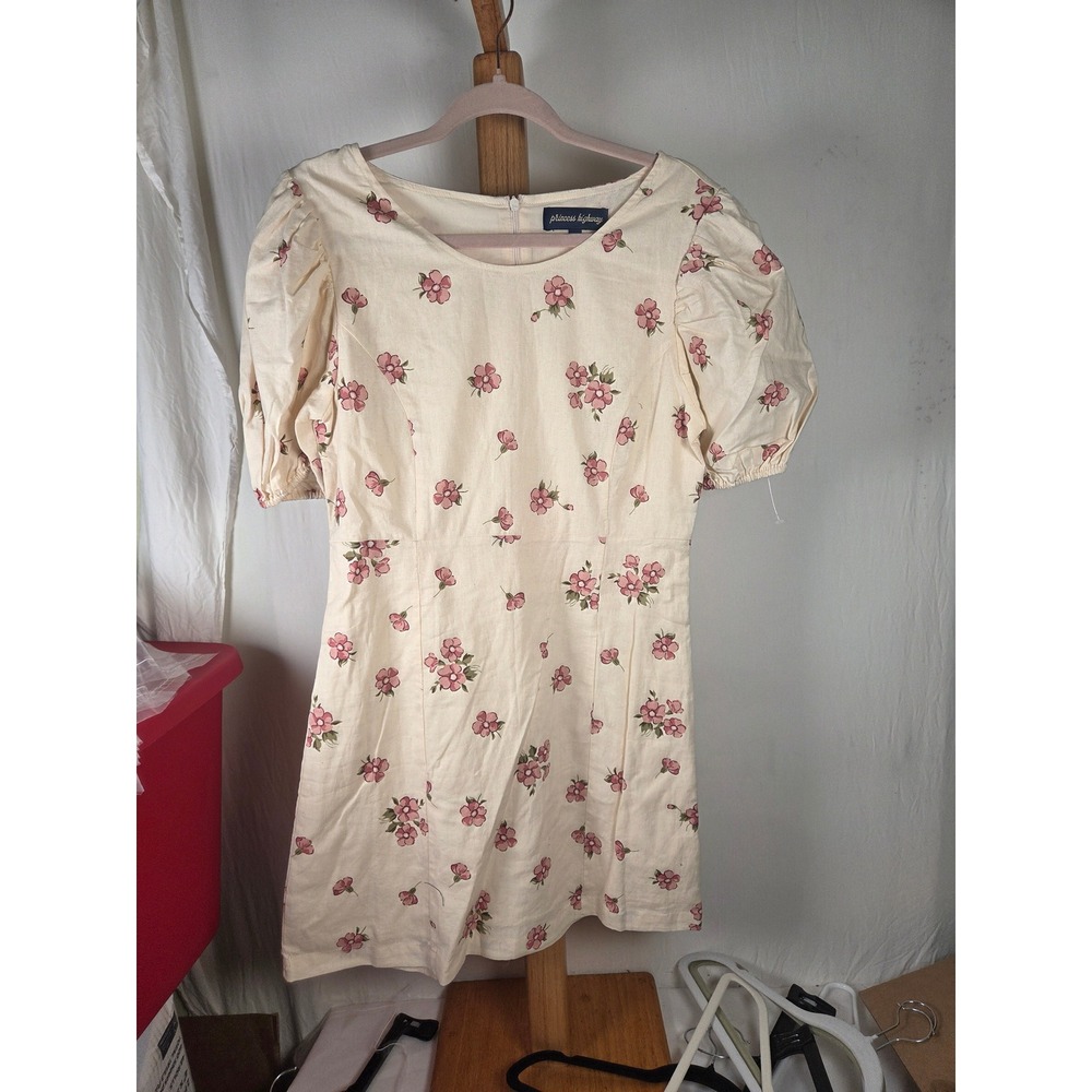 Princess Highway Floral Linen Cotton Mini Dress Cream Pink Puff Sleeve Size 10